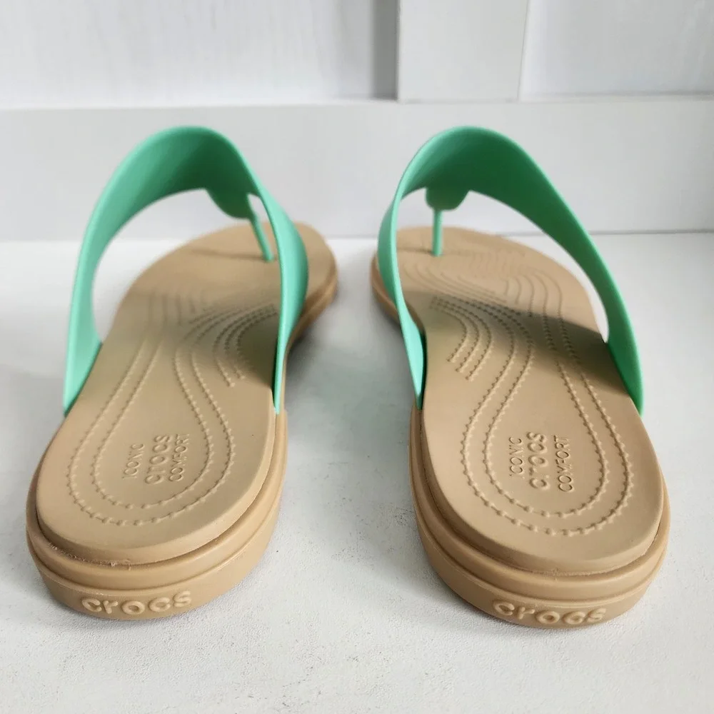 Crocs Serena Flip Sandals Womens 10 Mint Green Tan Thong Flat Comfort 205468